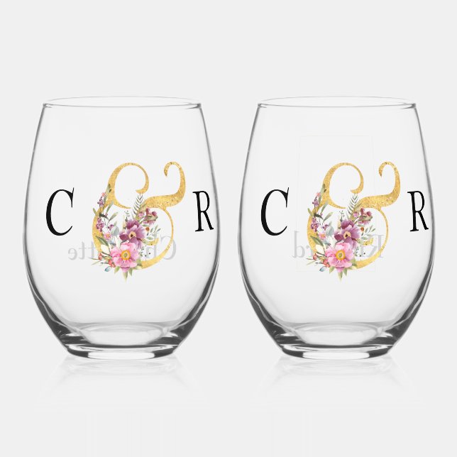 VASO DE VINO HERMOSAS INICIALES Y BODA DE AMPERSANÍA DE ORO (Anverso)