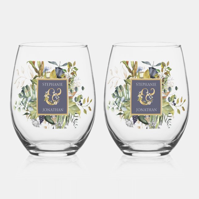 Vaso De Vino Hermoso Boda botánico azul y verde (Anverso)