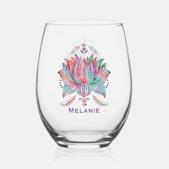 Vaso De Vino Hermoso Lotus Flower Boho Art Personalizado (Anverso)
