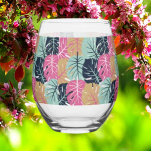 Vaso De Vino Hojas de Palma Tropicales en Rosa y Azul   Sin Tal