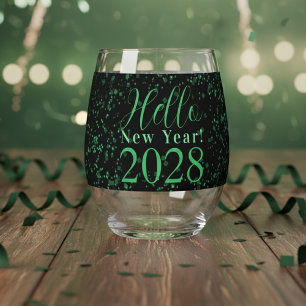 Vaso De Vino ¡Hola Año Nuevo! Nochevieja Verde Negro Brillante