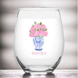 Vaso De Vino Hortensias Chinas en acuarela rosa personalizadas 