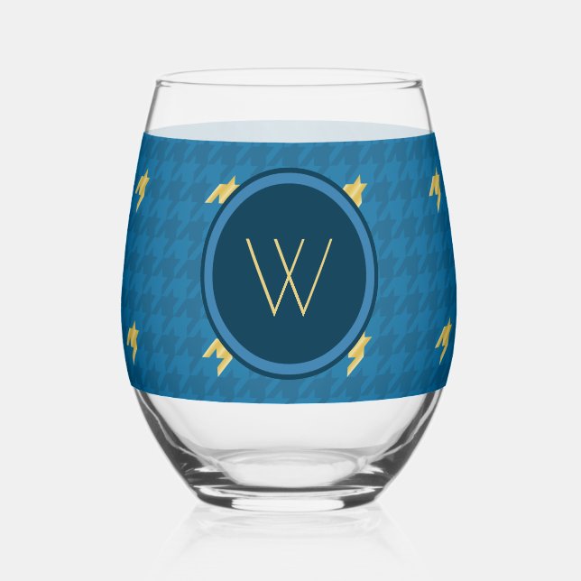 Vaso De Vino Houndstooth Azul con Acento Dorado (Anverso)