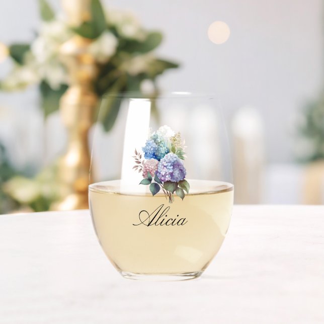 Vaso De Vino Hydrangea Elegante Personalizada Sin Tallo (Insitu (Boda))
