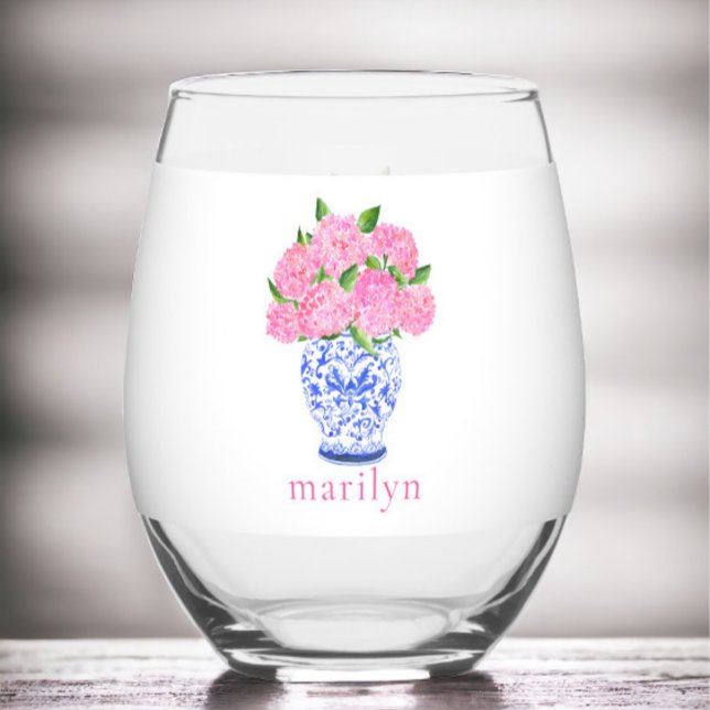 Vaso De Vino Hydrangeas Chinoiserie Acuarela Rosa Personalizado (Subido por el creador)