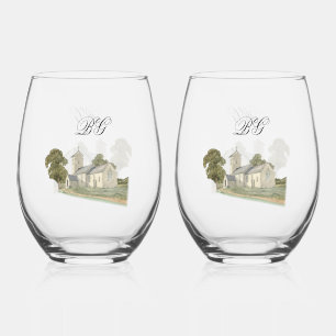 Vaso De Vino Iglesia acuarela Monograma tradicional Boda
