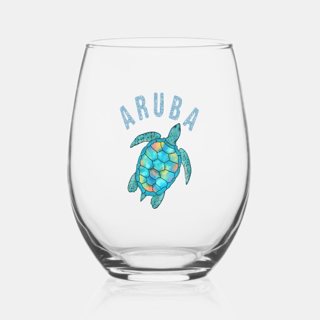 Vaso De Vino Ilustracion de tortuga marina de Aruba Beach (Anverso)
