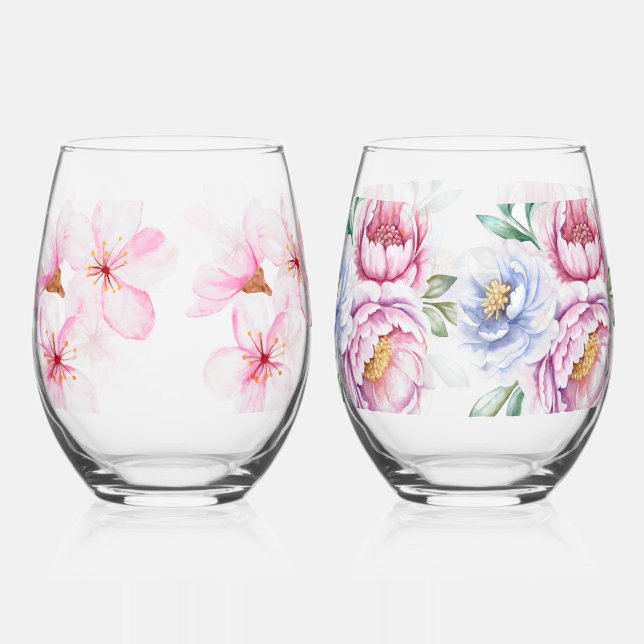 Vaso De Vino Impresión floral pintada a mano (Anverso)