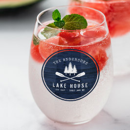 Vaso De Vino Impresión Rustic Lake House Boat Oars Trees Blue W