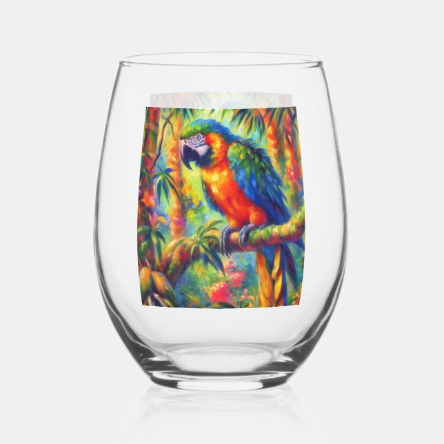 Vaso De Vino Impresionante Loro Tropical Pájaro Azul Verde (Anverso)