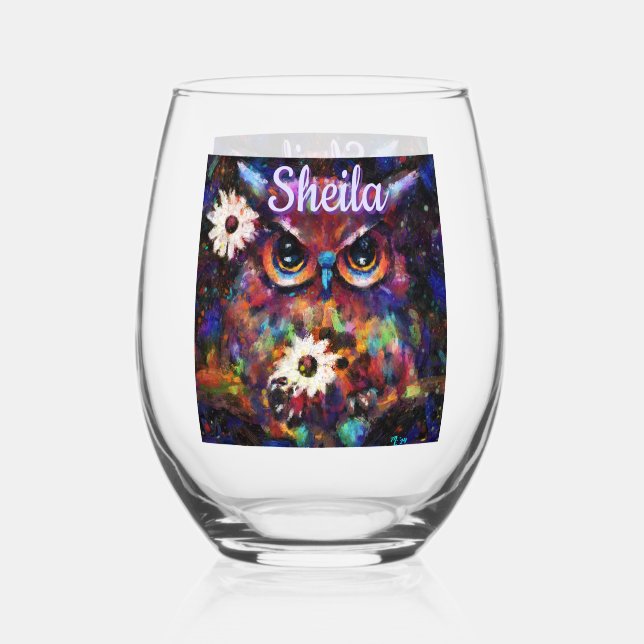 Vaso De Vino Impresionista y caprichosa lechuza floral personal (Anverso)