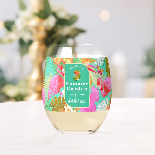 Vaso De Vino Jardín tropical Flamingo Verde azulado (Insitu (Boda))