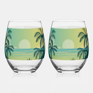 Vaso De Vino Juego de copas de vino Puesta de sol con palmeras