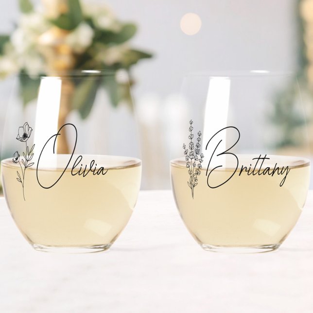 Vaso De Vino La dama de honor floral personalizada de moda (maid of honor wine glass,bridesmaid wine glass with name,wildflower floral bridesmaid gifts,)