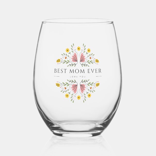 Vaso De Vino "La mejor madre de todos" elegante con lindos flor (Anverso)