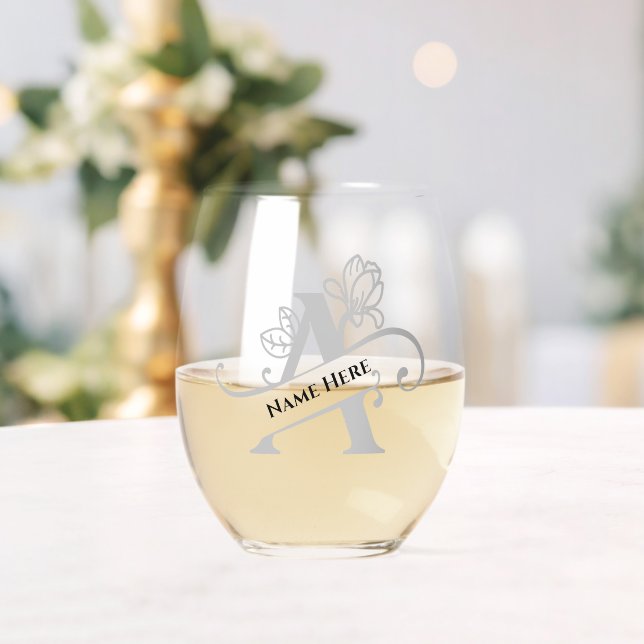 Vaso De Vino Letra floral monograma A Añadir nombre de cambio d (Insitu (Boda))