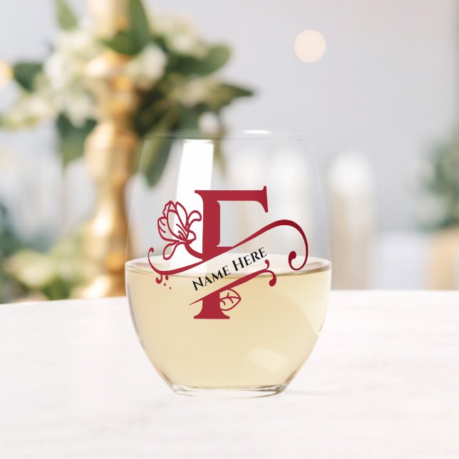 Vaso De Vino Letra floral monograma F Añadir nombre de cambio d (Insitu (Boda))