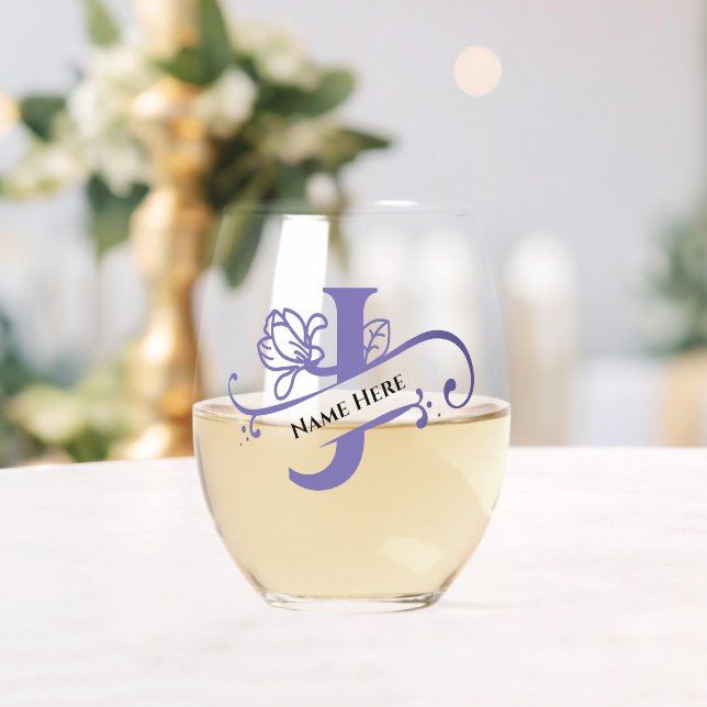 Vaso De Vino Letra floral monograma J Añadir nombre de cambio d (Insitu (Boda))