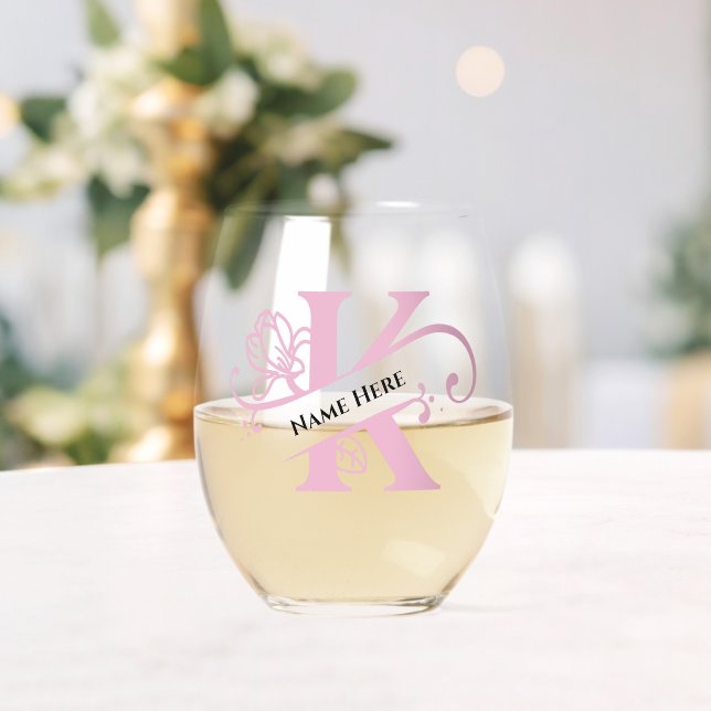 Vaso De Vino Letra floral monograma K Añadir nombre de cambio d (Insitu (Boda))