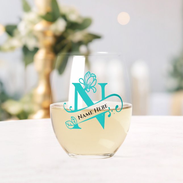 Vaso De Vino Letra floral monograma N Añadir nombre de cambio d (Insitu (Boda))