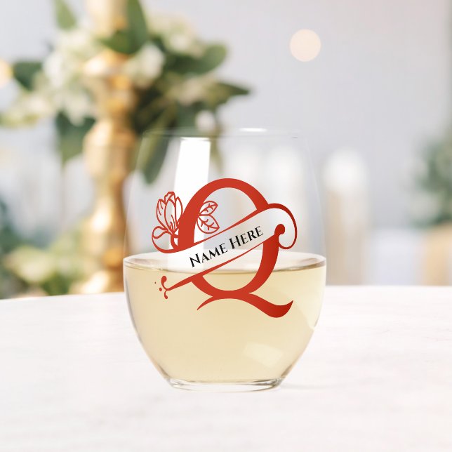 Vaso De Vino Letra floral monograma Q Añadir nombre de cambio d (Insitu (Boda))