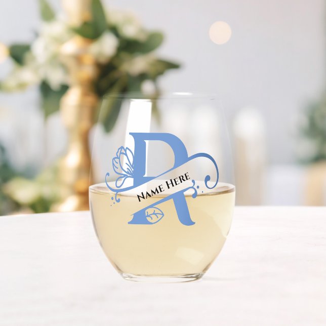 Vaso De Vino Letra floral monograma R Añadir nombre de cambio d (Insitu (Boda))