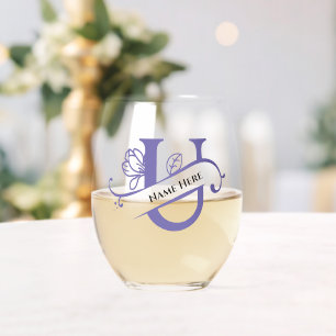 Vaso De Vino Letra floral monograma U Añadir nombre de cambio d