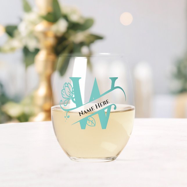 Vaso De Vino Letra floral monograma W Añadir nombre de cambio d (Insitu (Boda))