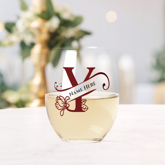 Vaso De Vino Letra floral monograma Y Añadir nombre de cambio d (Insitu (Boda))