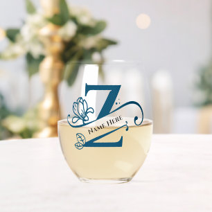 Vaso De Vino Letra floral monograma Z Añadir nombre a color