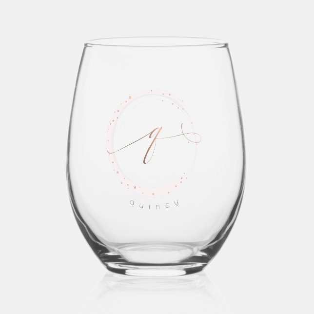 Vaso De Vino Letra monograma de guión dorado Rosa Q (Anverso)