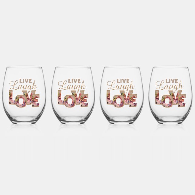 Vaso De Vino Letras Florales Rústicas Vive Ríe Ama  (Anverso)