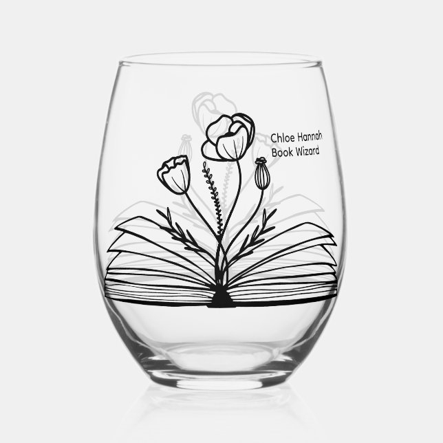 Vaso De Vino Libro Floral, Gusano de libros, Asistente de libro (Anverso)