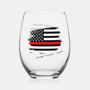 Vaso De Vino Línea Roja Fina, Bandera Americana, Bombero