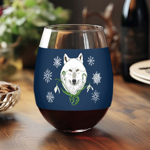 Vaso De Vino Lobo Ártico Blanco Místico Flor de Invierno Azul