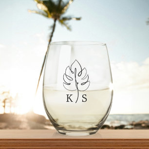 Vaso De Vino Logotipo del Boda Monstera Monograma personalizado