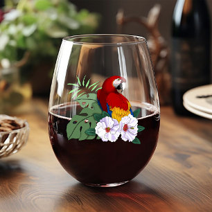Vaso De Vino Loro Guacamayo Rojo Floral Hibisco Tropical Blanco