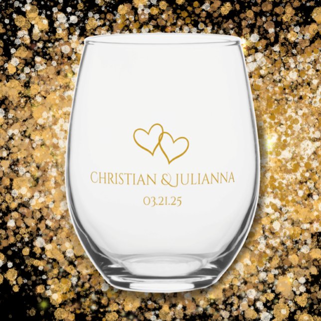 Vaso De Vino Los nombres de la pareja son sencillos y elegantes (Modern elegant custom couples names date keepsake glass. Unique hand drawn hearts. Chic golden gift.)