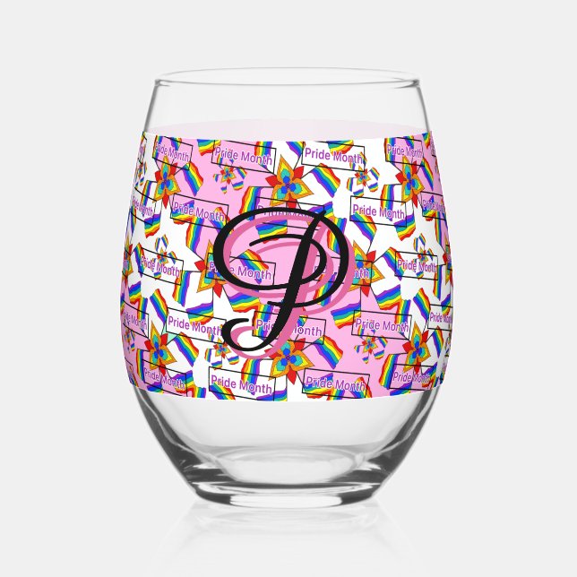 Vaso De Vino Mandalá de Arcoíris Monograma Orgullo - Geométrico (Anverso)
