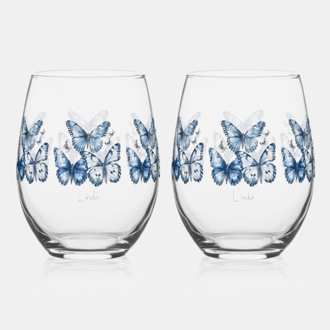 Vaso De Vino Mariposas en azul Delft, personalizable (Anverso)