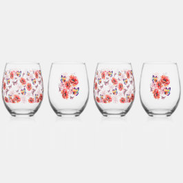 Vaso De Vino Mariposas y flores de amapola