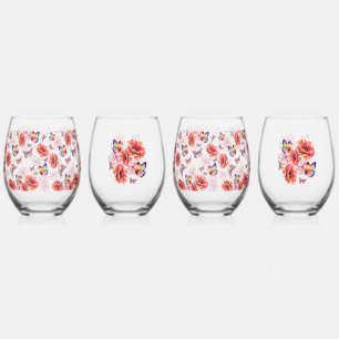 Vaso De Vino Mariposas y flores de amapola
