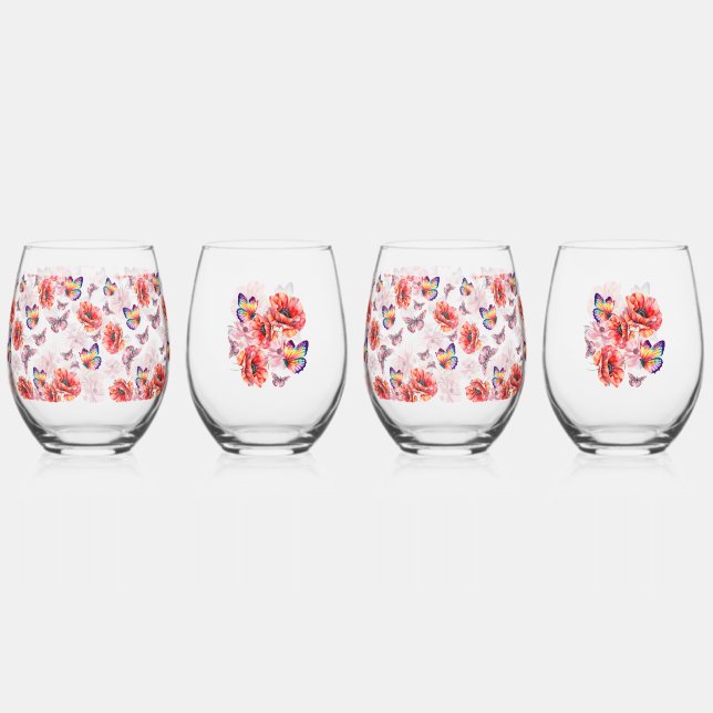 Vaso De Vino Mariposas y flores de amapola (Anverso)