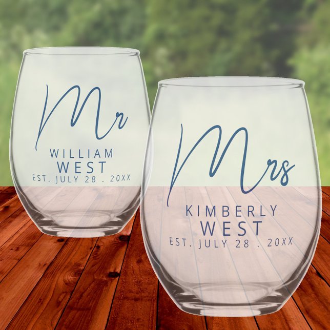 Vaso De Vino Marseille Bleu Sr. y la Sra. Boda Personalizada (Marseille Bleu Modern Wedding Bride And Groom Mr. & Mrs. Personalized Stemless Wine Glasses)