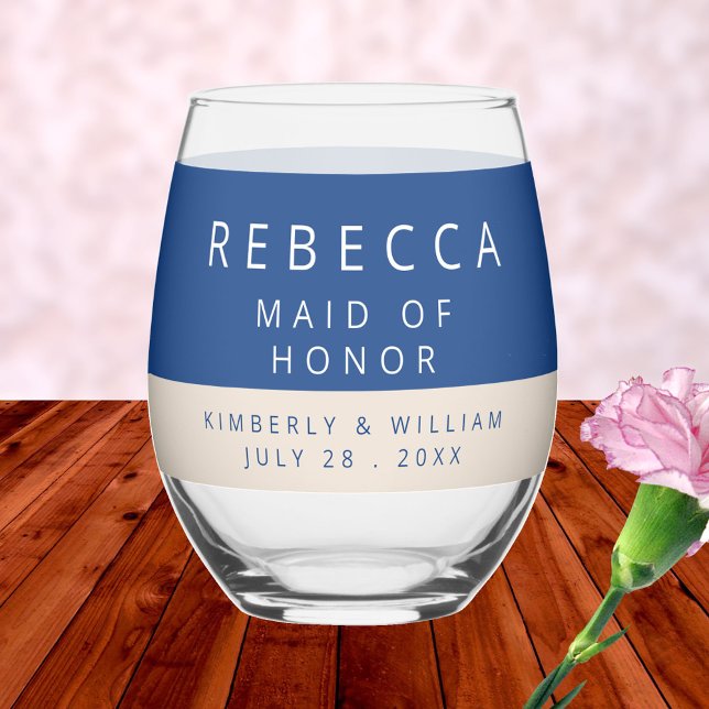 Vaso De Vino Marsella Bleu Boda nombre fiesta nupcial a favor (Marseille Bleu Modern Wedding Stemless Wine Glass For Bridal Party Gifts Or Wedding Favors)