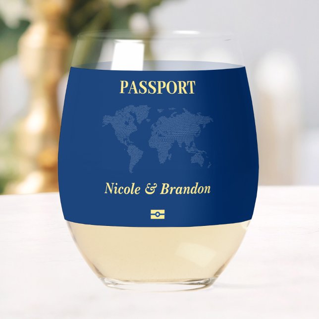 Vaso De Vino Matrimonio de destino del Pasaporte del Mapa Mundi (Blue World Map Passport Destination Wedding Stemless Wine Glass)