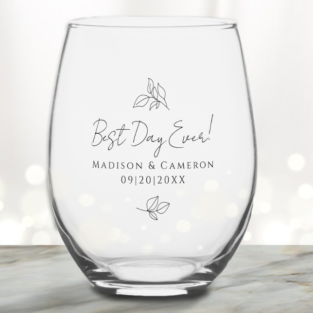 Vaso De Vino Mejor Día de la Boda Elegante Deja Negra Fiesta (Best Day Ever Elegant Wedding Leaves Black Party Stemless Wine Glass)