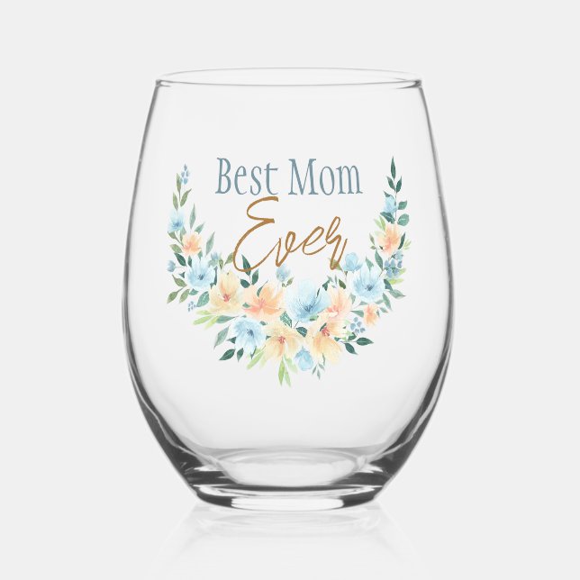Vaso De Vino Mejor Mamá Floral Media Wreath Vidrio sin Stemless (Anverso)