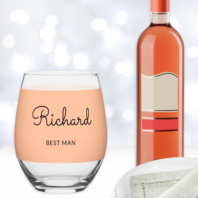 Vaso De Vino Mejor Mano Monogramada Elegante de Boda Personaliz (A peach stemless wine glass, to personalize with a name, for your Best Man at your wedding reception)