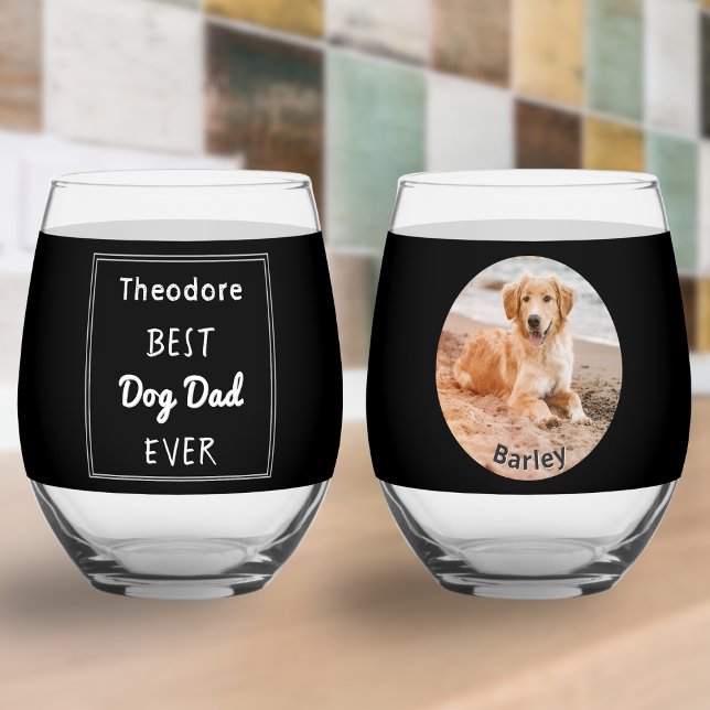 Vaso De Vino Mejor perro de la historia papá Personalizado Masc (A stemless wine glass with dog photo, pet's name, owner's name and 'Best Dog Dad Ever' caption)